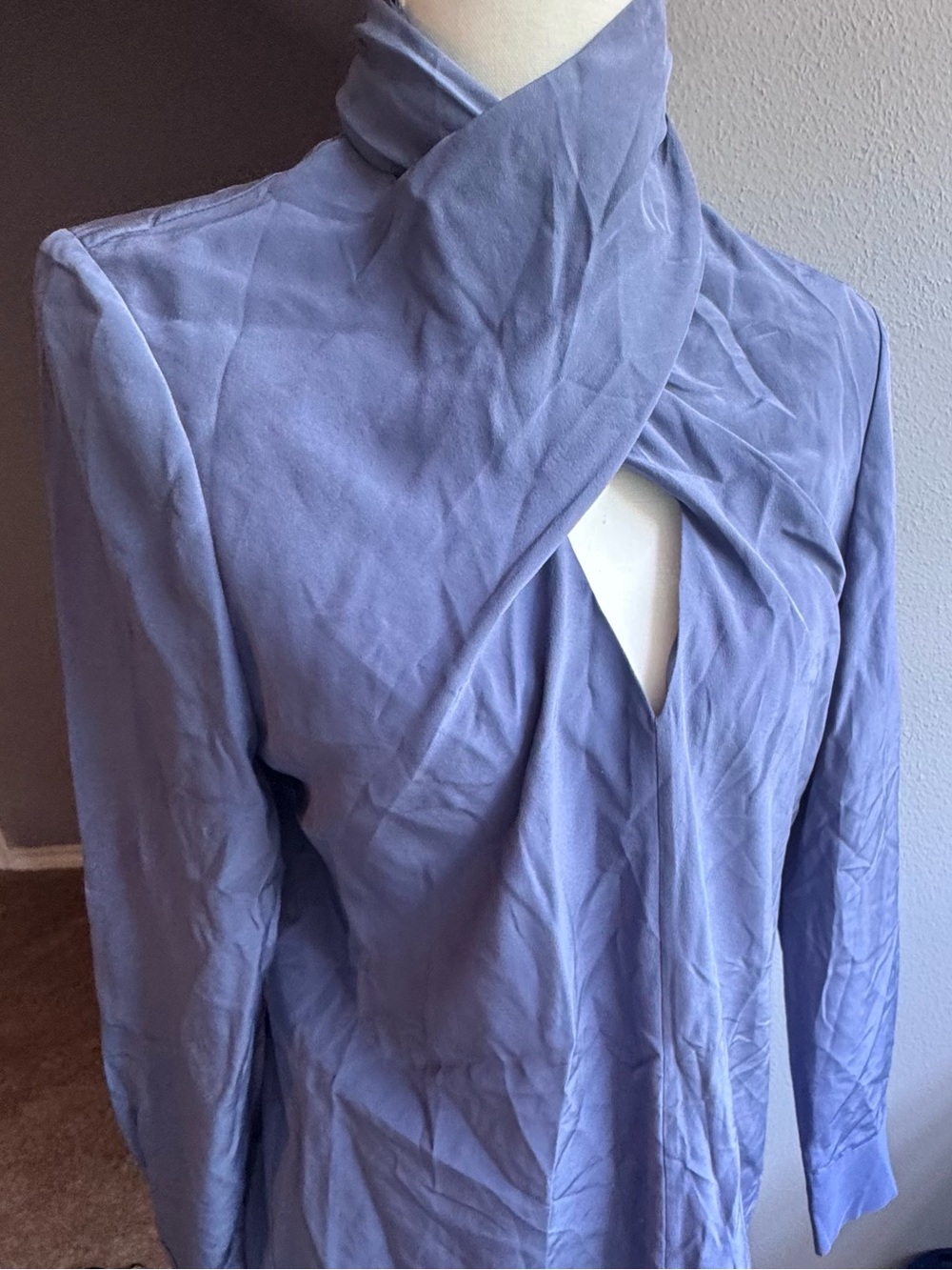 Twist-Neck Lavender Blouse with Keyhole Detail